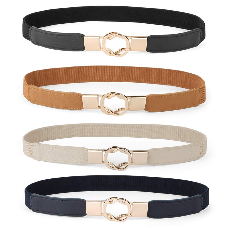 WERFORU Women Skinny Belt for Dresses Retro Stretch Waist Belt with Gold Buckle Set of 4,Black+Brown+Blue+Beige - Image 1